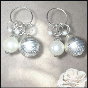 Silvertone Tribal Dangle Hoop Earrings Faux Pearl Textured Ornamental